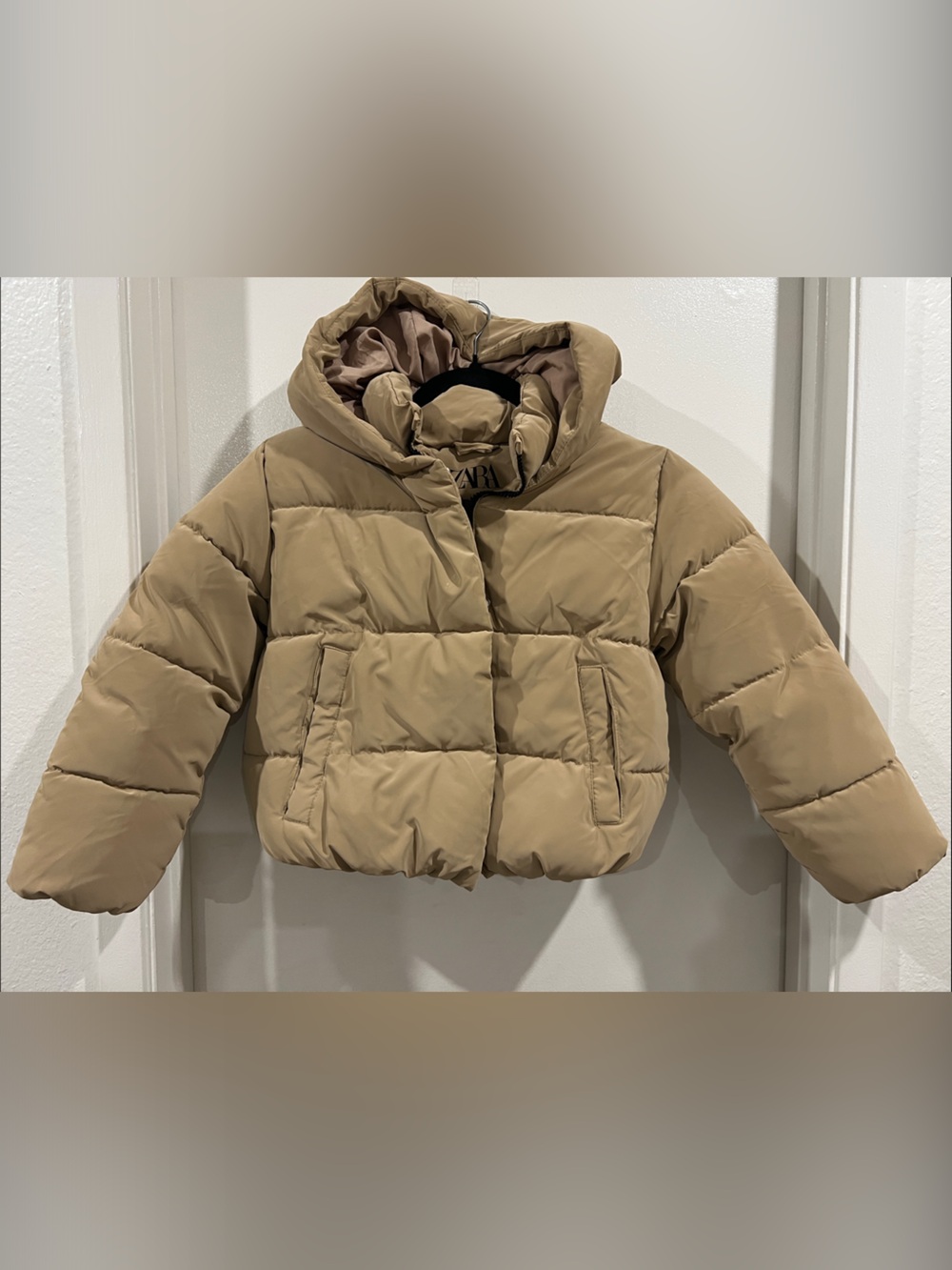 Zara Kids Unisex Tan Hooded Puffer Jacket Full Zip Pockets Size 8